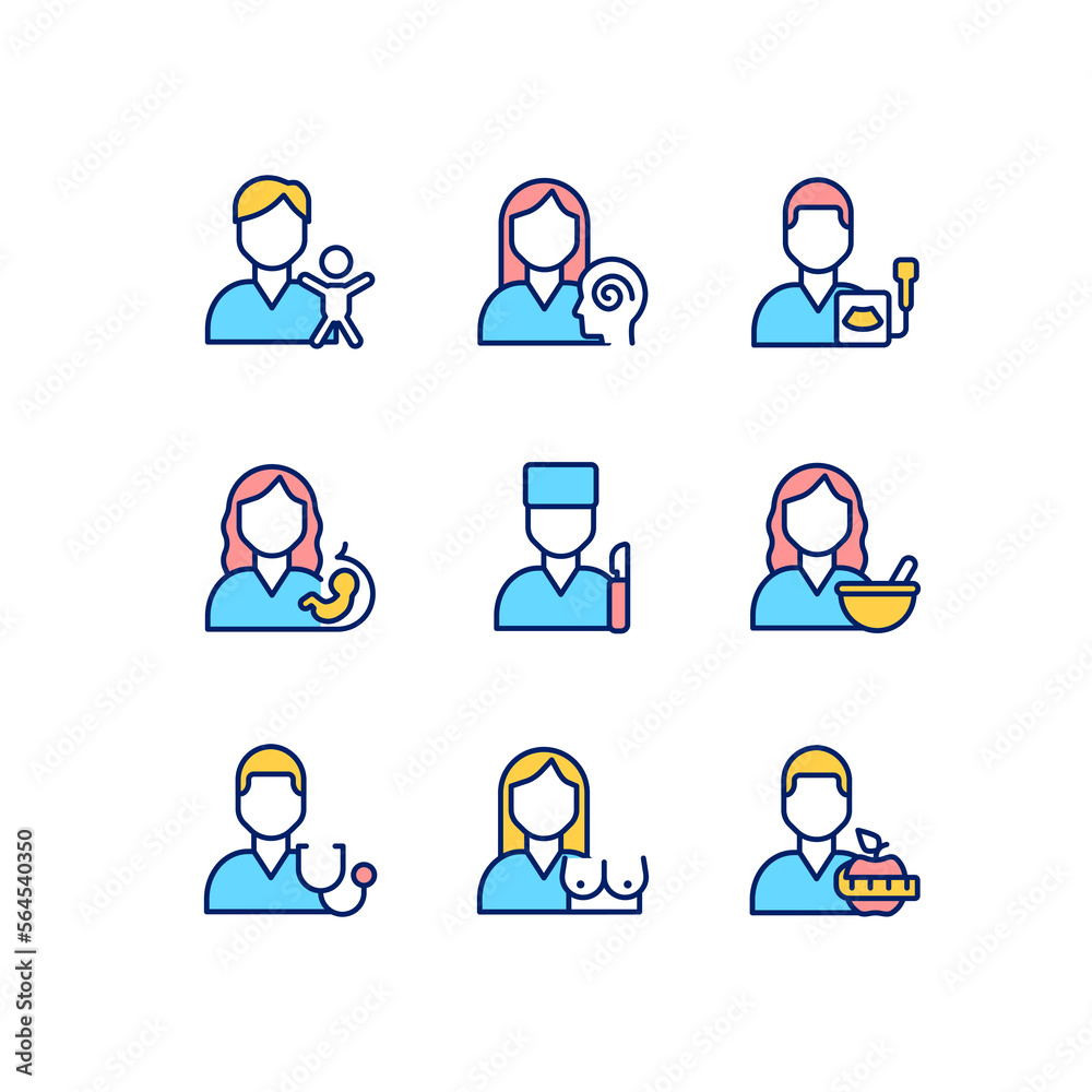Medical clinic services pixel perfect RGB color icons set. Diagnosis and treatment. Health care. Weight loss. Isolated vector illustrations. Simple filled line drawings collection. Editable stroke Medical clinic services pixel perfect RGB color icons set. Diagnosis and treatment. Health care. Weight loss. Isolated vector illustrations. Simple filled line drawings collection. Editable stroke