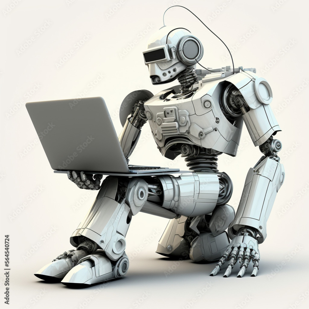 Robot using a laptop. Artificial intelligence. Generative AI. Robot using a laptop. Artificial intelligence. Generative AI.