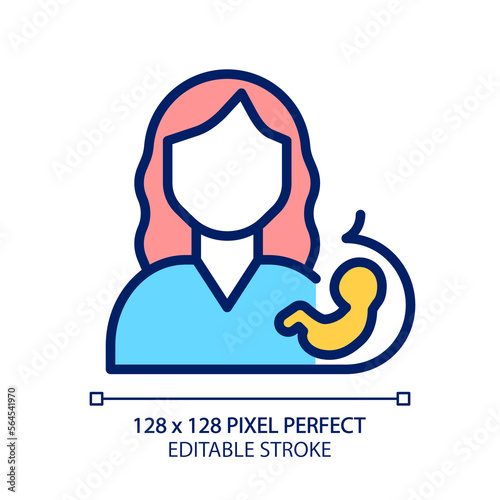 Prenatal care pixel perfect RGB color icon. Planning pregnancy. Mother and baby health screening. Pregnant woman checkup. Isolated vector illustration. Simple filled line drawing. Editable stroke