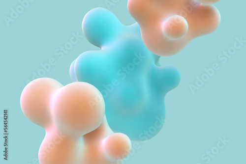 3D floating colored metaballs on blue background. Concept of modern organic chemistry and biological sciences. Futuristic abstract 3d shapes art background, EPS 10 vector illustration.