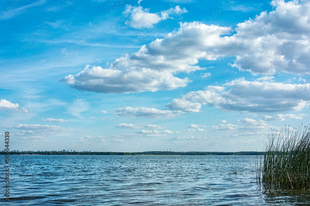 Against the background of the blue sky, over a large pond, cumulus clouds
