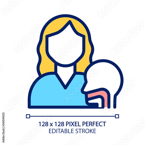 Otorhinolaryngology pixel perfect RGB color icon. Throat and nose diseases. Examination, treatment. Medical clinic service. Isolated vector illustration. Simple filled line drawing. Editable stroke