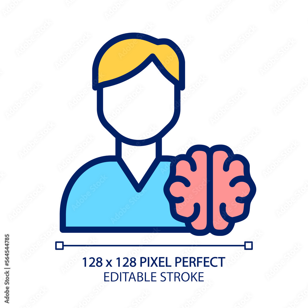 Neurology pixel perfect RGB color icon. Diagnostics and treatment of brain disorders. Neural system. Spinal cord. Isolated vector illustration. Simple filled line drawing. Editable stroke