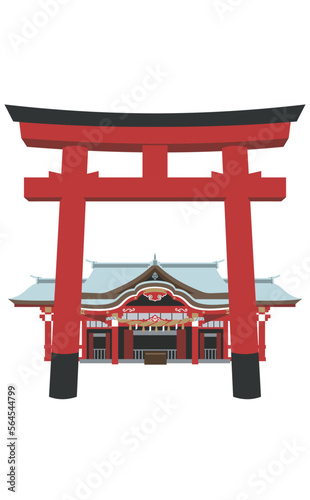 朱色の鳥居と神社のイラスト　明神造　アウトラインなし