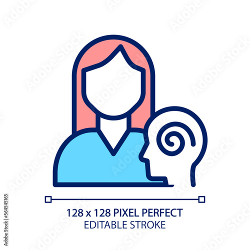Psychiatry pixel perfect RGB color icon. Mental disorders diagnostics and treatment. Cognition, mood. Health care service. Isolated vector illustration. Simple filled line drawing. Editable stroke