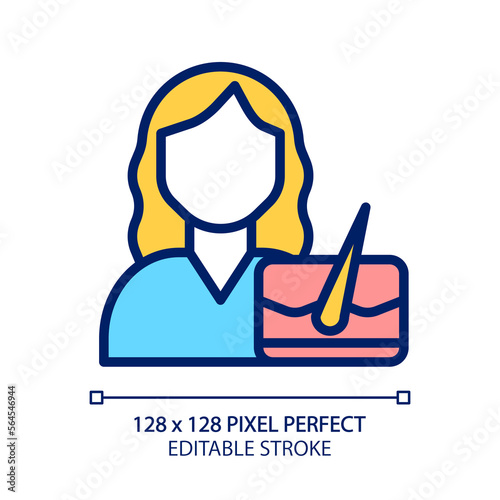 Dermatology pixel perfect RGB color icon. Skin and hair disorders treatment. Medical clinic service. Health care. Isolated vector illustration. Simple filled line drawing. Editable stroke