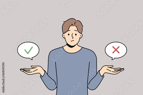 Frustrated young man feel unsure or doubtful about making decision. Confused guy think doubt about problem solution. Dilemma concept. Vector illustration. 