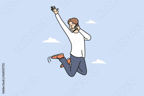 Overjoyed young man jumping in air talking on cellphone. Smiling guy feel excited and triumphant speaking on smartphone. Vector illustration. 