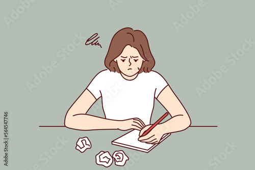 Stressed girl sitting at table with crumpled papers writes essay for university admission. Depressed woman writer composing novel lacks inspiration and ideas for fiction story. Flat vector image 
