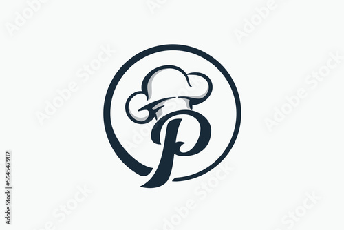 chef logo with a combination of letter p and chef hat for any business especially for restaurant, cafe, catering, etc.