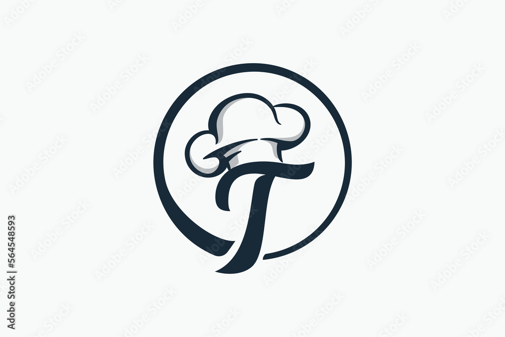 chef logo with a combination of letter t and chef hat for any business especially for restaurant, cafe, catering, etc. - obrazy, fototapety, plakaty 