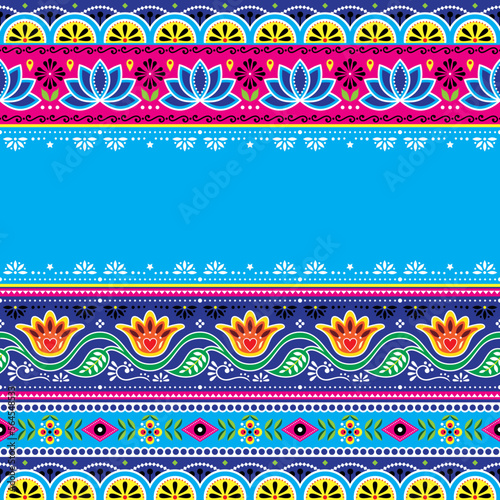 Pakistani and Indian seamless template vector pattern with space for text, flowers and geometric shapes, Diwali festive textile or wallpaper decor

