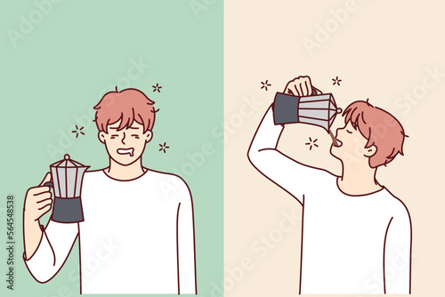 Tired man feels relieved and cheerful while drinking coffee from jug. Sick guy after sleepless night or hangover drinks healing drink that uplifts mood and relieves pain in head. Flat vector design 