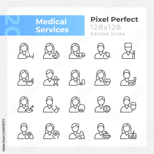 Medical services pixel perfect linear icons set. Doctor checkup. Medical clinic and hospital departments. Customizable thin line symbols. Isolated vector outline illustrations. Editable stroke