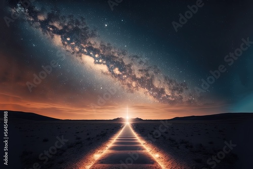 illustration of way to horizon with cloudy sky and star galaxy glow light, idea for spiritual journey, believe, hope, knowing yourself and god concept background wallpaper Generative Ai