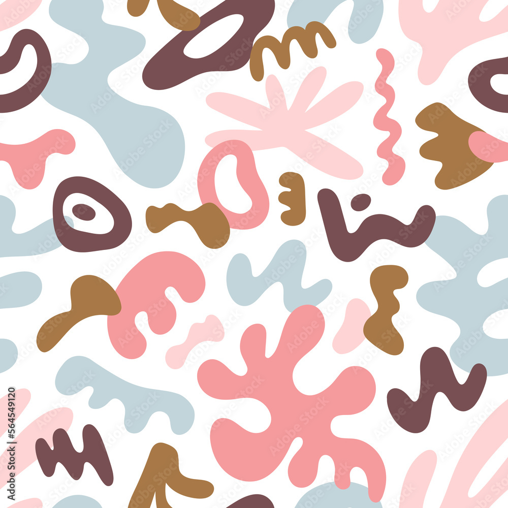 Abstract shapes, seamless pattern. Background design, repeating print with modern organic elements, fluid wavy blobs. Endless texture for fabric, textile. Flat vector illustration for decoration