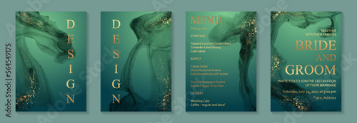 Modern watercolor background or elegant card design for birthday invite or wedding or menu with abstract green ink waves and golden splashes.