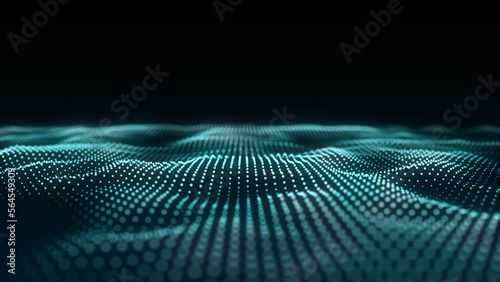 Abstract technology wave of particles. Big data visualization. Background with motion dots and lines. Artificial intelligence. © Flow 37