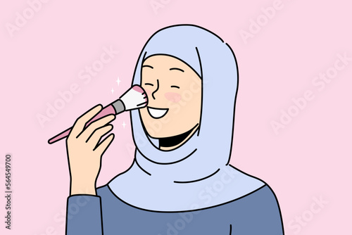 Smiling young Arabic woman in hijab doing makeup. Happy arab female with powder brush get ready do daily beauty routine. Vector illustration. 