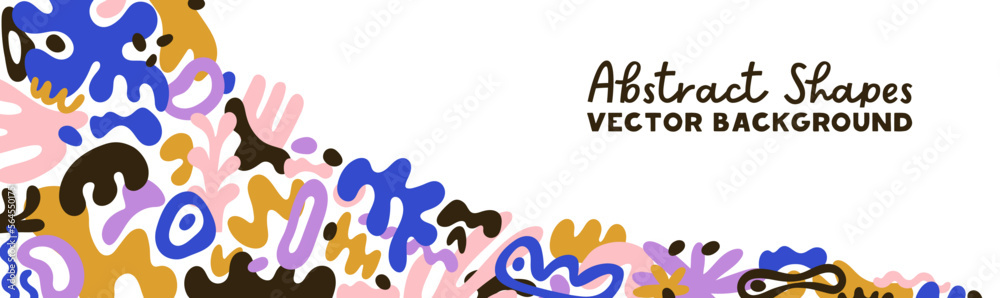 Naklejka premium Abstract banner, background with modern creative trendy fluid shapes, doodle organic minimalist elements pattern and space for text. Contemporary panoramic backdrop design. Flat vector illustration