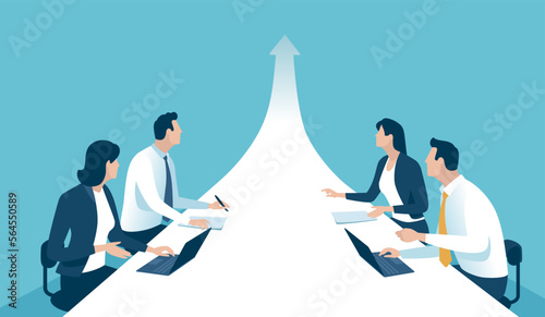 Success. Growth. Successful path. The business team sits around a rising arrow. Business vector illustration. 