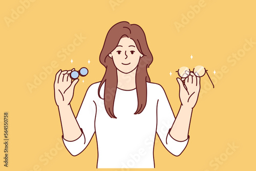 Woman holds glasses and lenses in hands choosing convenient and useful product for eye care. Portrait of smiling girl ophthalmologist offering various ways to improve vision. Flat vector design 