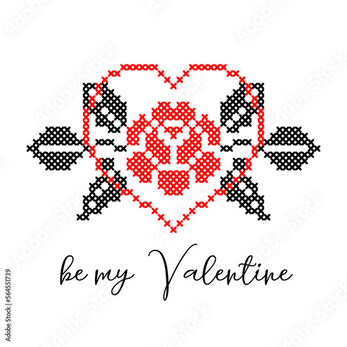 Rose and heart st. Valentine s greeting card. Ukrainian vector ethnic sign, folk element in red and black colors. Rose and heart embroidery, pixel art , vyshyvanka