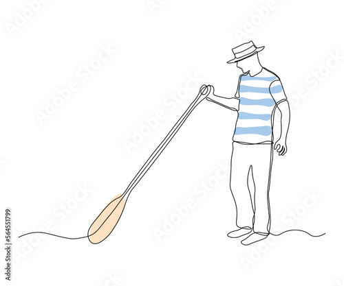 abstract man with paddle, gondolier, hand-drawn, continuous mono line, one line art, contour drawing