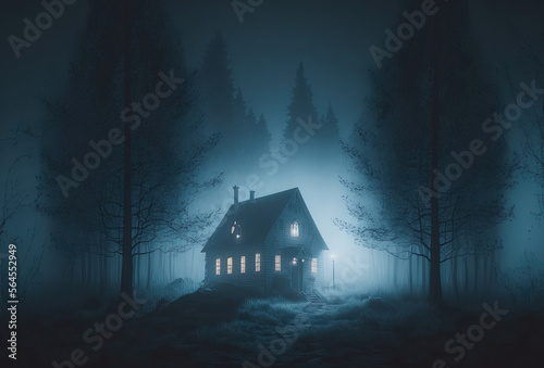 Dwelling of a witch, a sorcerer. Scary old haunted house in the woods. Mystical creepy night fog. 3D rendering. AI generated.