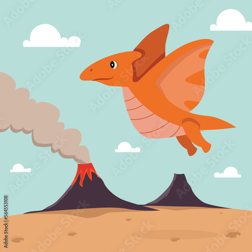 Flying Dinosaur on volcano magma background