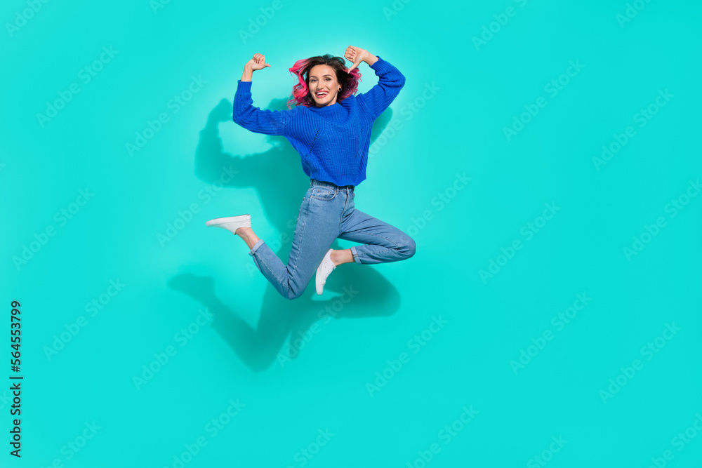 Full length photo jumping knitwear overjoyed girl dyed curly pink hairstyle direct fingers herself best promo isolated on aquamarine color background