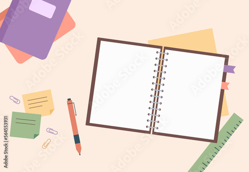 Open notebook on table with books and stationary vector design