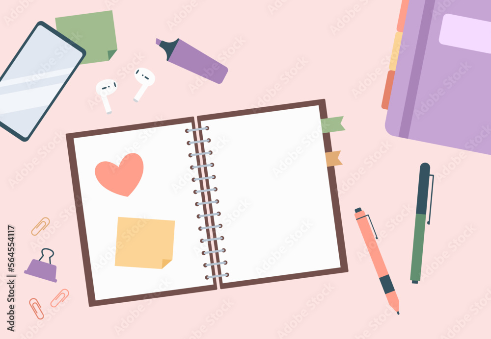 Flat design of open notebook on table with phone, sheet and stationary vector design Flat design of open notebook on table with phone, sheet and stationary vector design