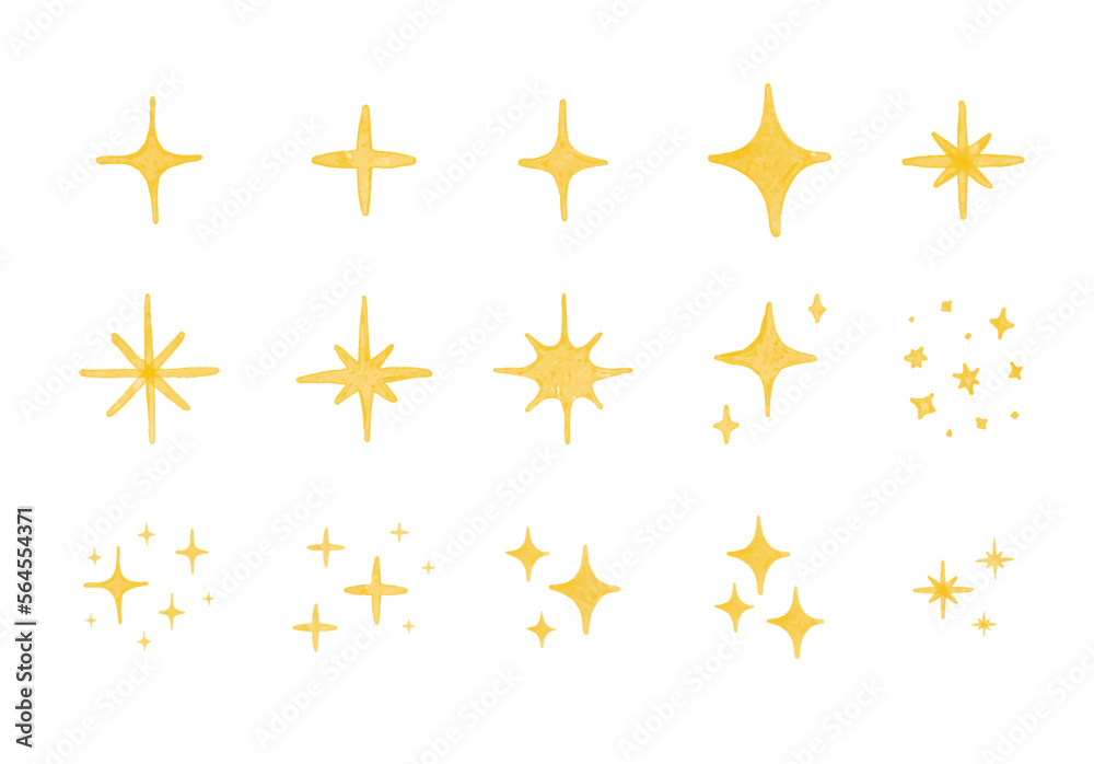 Yellow watercolor sparkle symbol vector set. Bright firework, decoration twinkle, shiny flash. Glowing light effect stars and bursts collection.