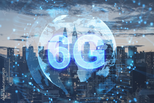 Creative glowing 6g hologram on blurry city backdrop. 5G network concept, high speed mobile internet, new generation networks. Mixed media. Double exposure.