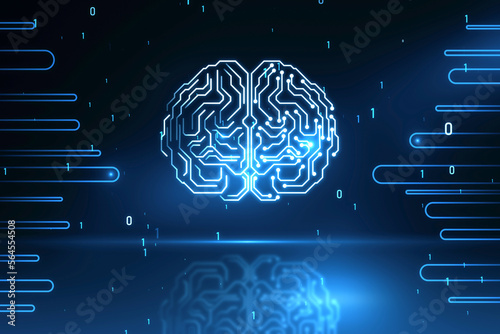 Glowing circuit human brain hologram on blurry backdrop with coding. Artificial intelligence, neurology, technology and future concept. 3D Rendering.