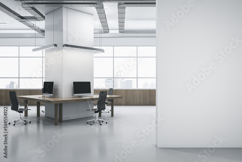  office interior with blank mock up place on wall. Wooden and concrete materials. Panoramic window with city view and daylight. Corporation, law and legal concept. 3D Rendering.