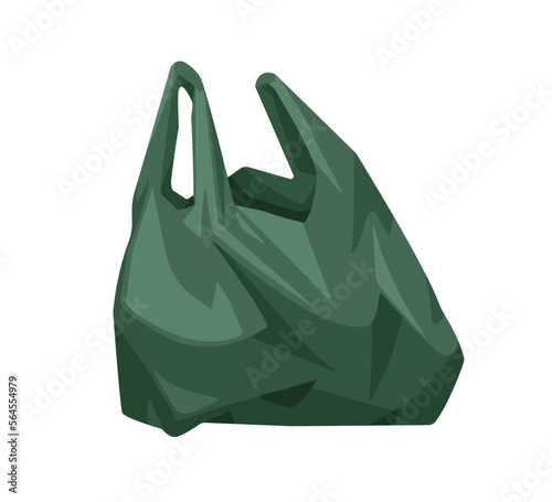 Plastic bag with handles. Disposable cellophane polythene grocery shopping package. Used wrinkled rumpled polyethylene pack. Colored flat vector illustration isolated on white background