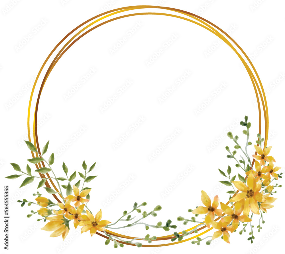 Obraz premium Gold yellow border frame with yellow flowers blossom and little leaves hand-drawn watercolor, for banner, invitation, wedding card