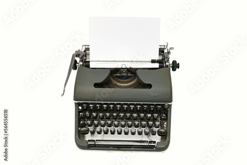 Vintage typewriter machine isolated on white background. Typewriter old keys and blank paper on it.