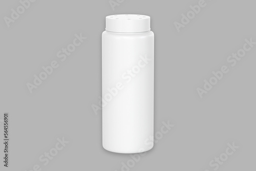 Empty blank White Baby powder bottle mockup isolated on a background. Baby talcum powder container, 3d rendering. photo