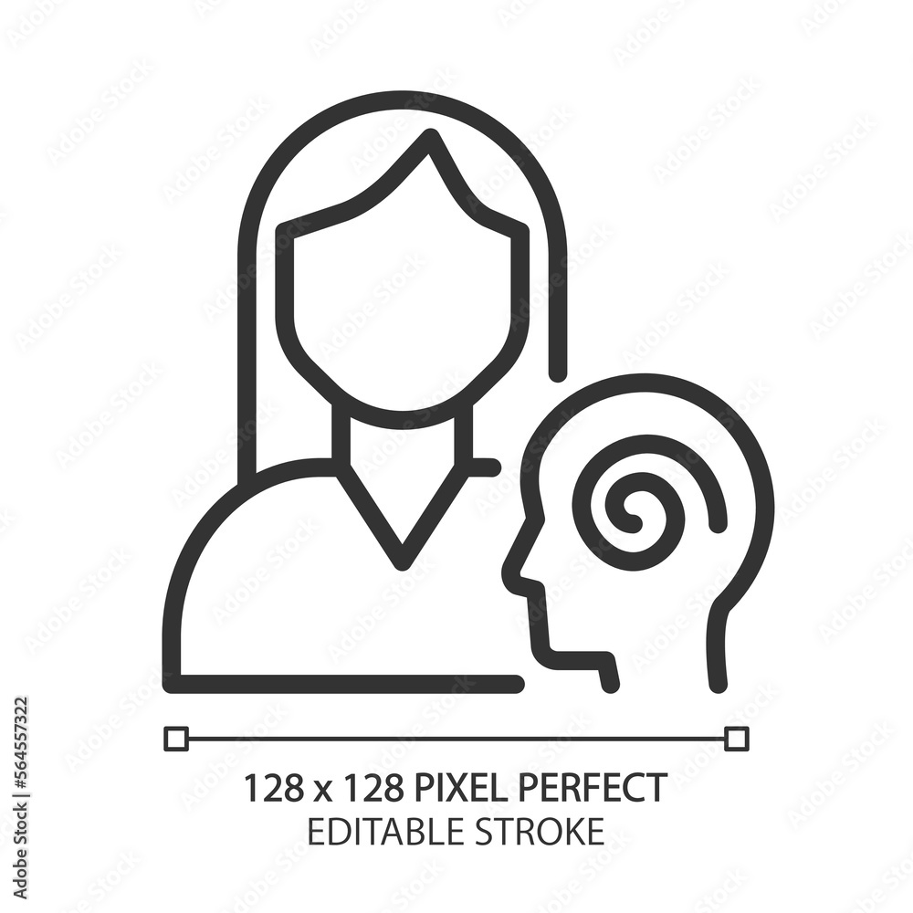 Psychiatry pixel perfect linear icon. Mental disorders diagnostics and treatment. Cognition, mood. Health care service. Thin line illustration. Contour symbol. Vector outline drawing. Editable stroke Psychiatry pixel perfect linear icon. Mental disorders diagnostics and treatment. Cognition, mood. Health care service. Thin line illustration. Contour symbol. Vector outline drawing. Editable stroke