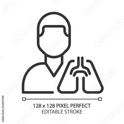 Pulmonology pixel perfect linear icon. Lungs diseases treatment and prevention. Pulmonologist. Medical clinic service. Thin line illustration. Contour symbol. Vector outline drawing. Editable stroke