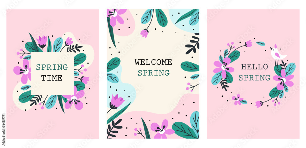 Card set with spring. Vector illustrations