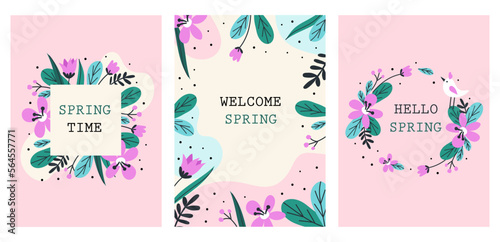 Card set with spring. Vector illustrations