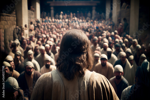 Jesus teaching desciples or people. Back view. Generative AI illustration