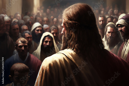 Jesus teaching desciples or people. Back view. Generative AI illustration