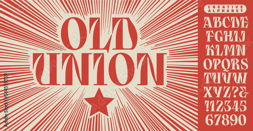 Old Union is an unusual and creative modern alphabet, with hints of type design from Cyrillic alphabets of the early Soviet era. Also good for vintage style union organizing and revolutionary posters. photo