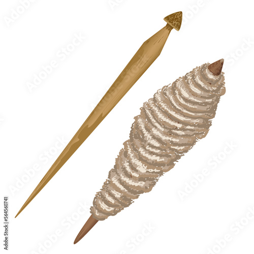 Wooden spindle for yarn of woolen thread, historical traditional item for making woolen thread and woolen products