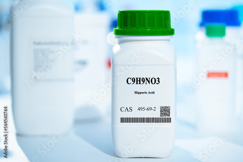 C9H9NO3 hippuric acid CAS 495-69-2 chemical substance in white plastic laboratory packaging photo